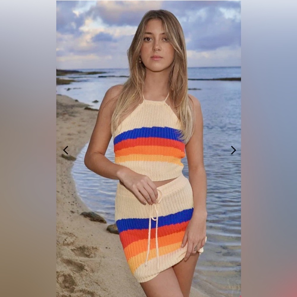 Two-Piece Ribbed Knit Halter Top & Skirt Set – Multicolor Stripes – Size XL